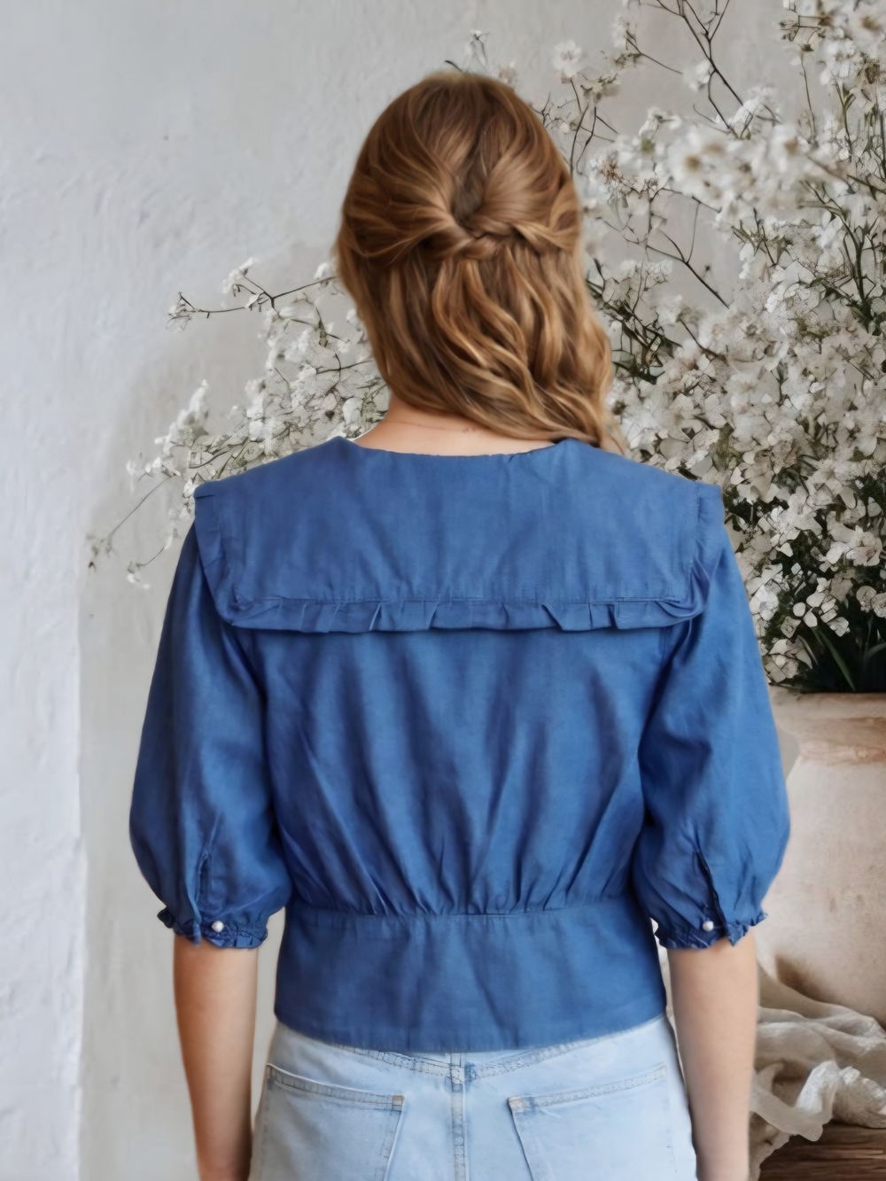New Look Blue Ruffle-Collar Button Front Denim Top - Picture 4 of 9